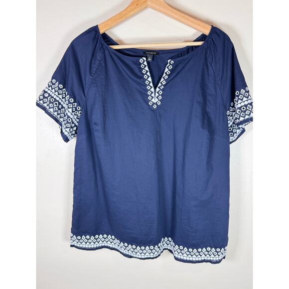 Talbots Tops - Talbots Womens Blouse Top Navy White Embroidered 100% Cotton L Coastal preppy
